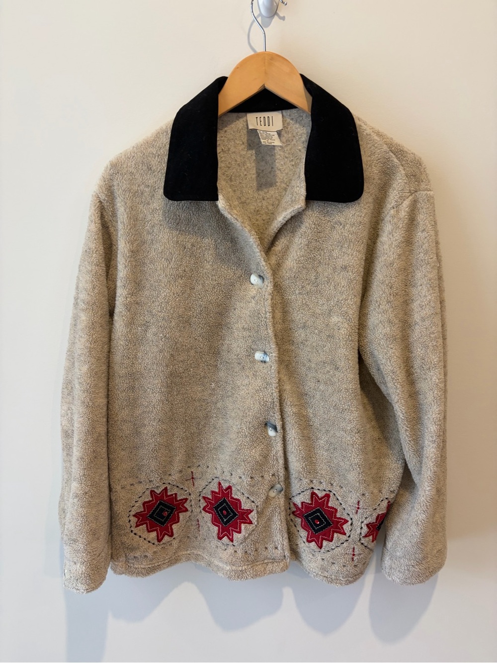 Teddi Cream Wool Blend Jacket with Black Collar and Embroidery Cottagecore